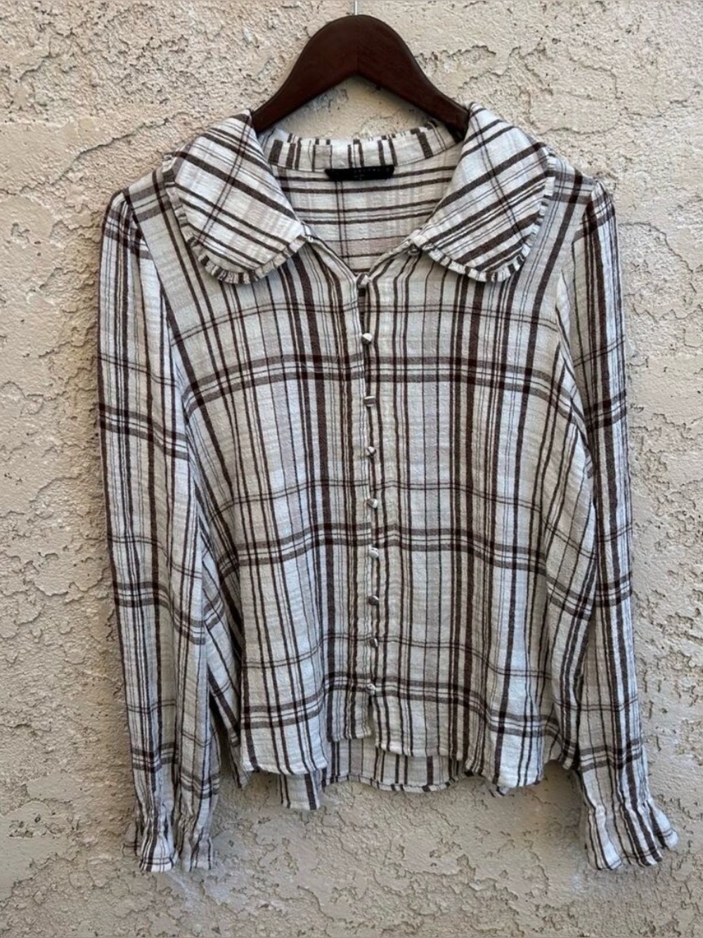 Brown & Cream Plaid Button-Down Shirt with Ruffle Collar
